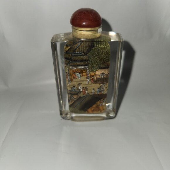 Hand-Painted Asian Scene Glass Snuff Bottle With Red Cap - Picture 2 of 8